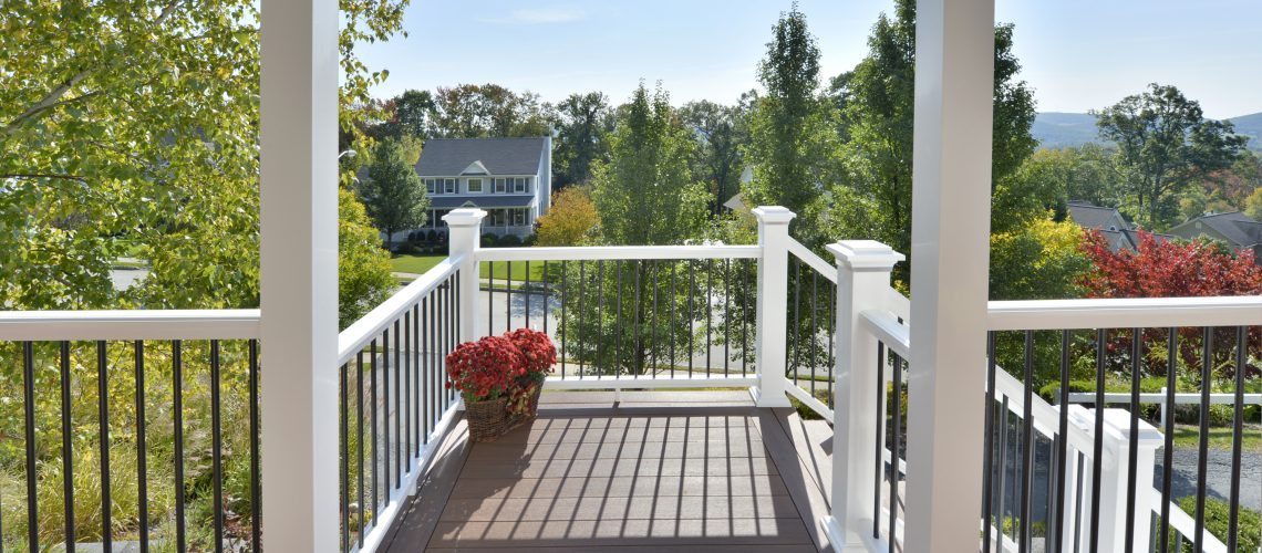 Hudson valley decks, second story deck with view of the Appalachian mountains, white trim and black metal railings orange county decks