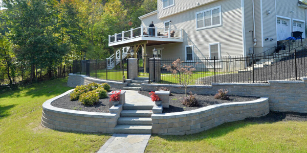 custom deck and outdoor living space with garden and hardscape