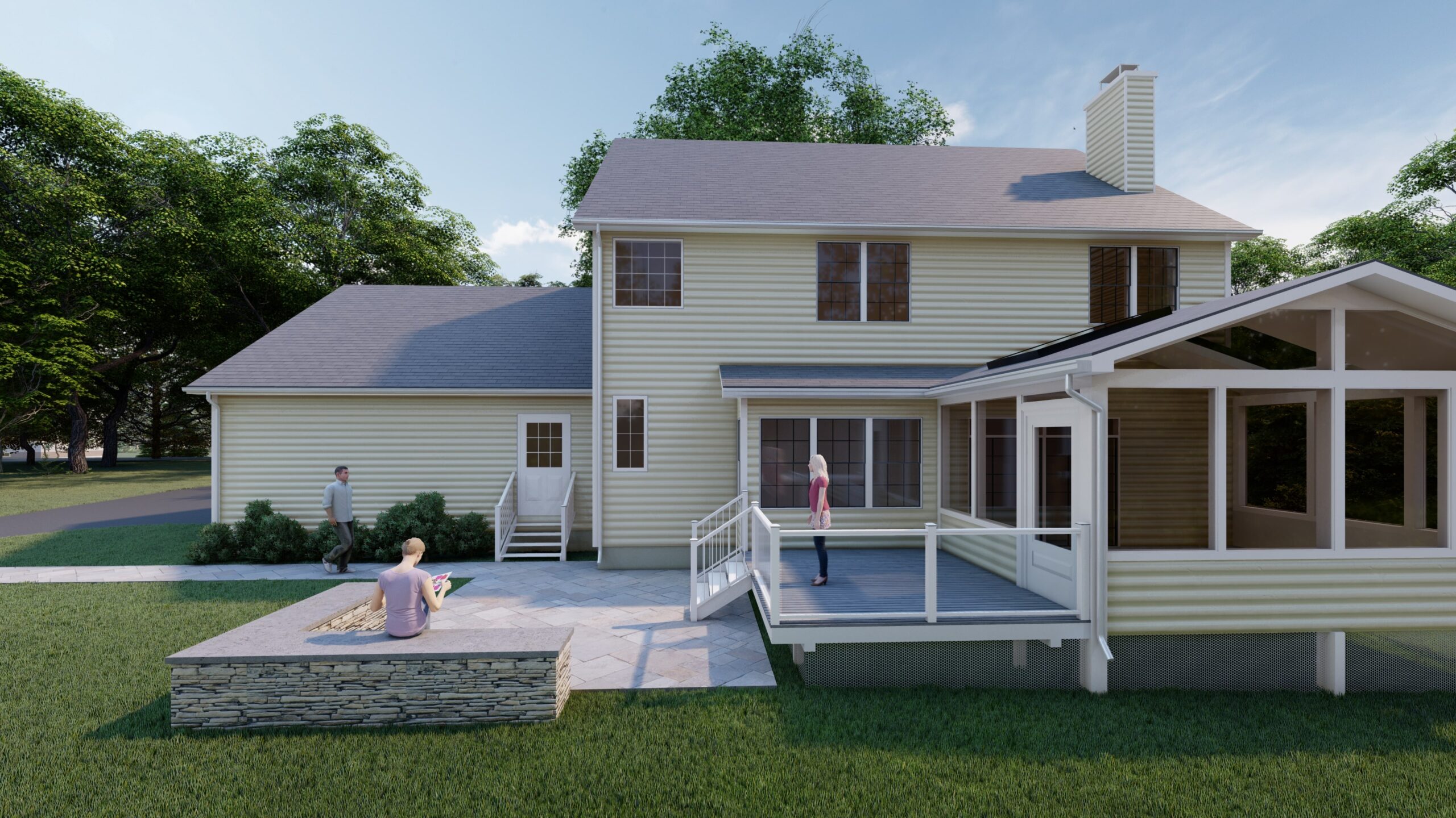 Rendering of corner deck with hardscaping